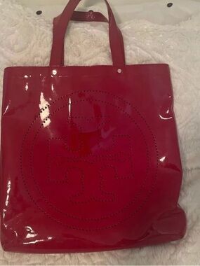 Tory Burch Red Patent Perforated Logo Tote